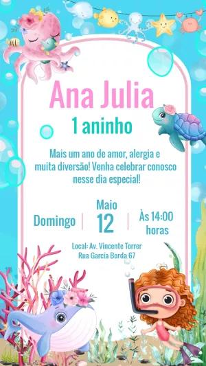 Convite Aniversário Fundo do Mar com Animais para Editar