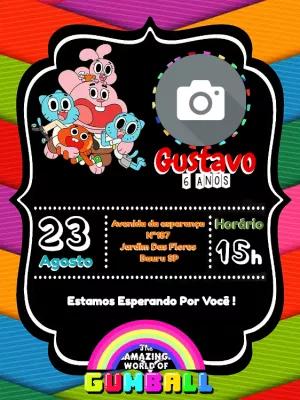 Convite Aniversário Gumball com Foto para Editar Online