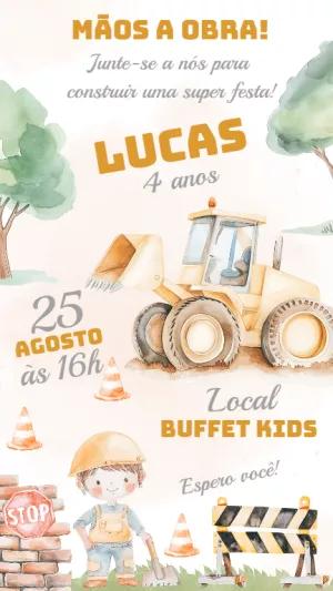 Convite Aniversário Construção Aquarela para Editar Online