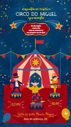 Convite de Aniversário Circo com Personagens para Editar Online
