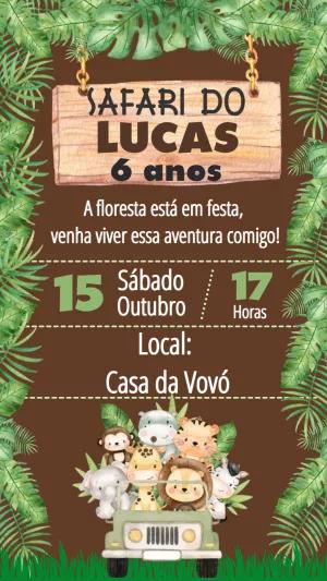 Convite Aniversário Safari com Animais Fofos para Editar Online