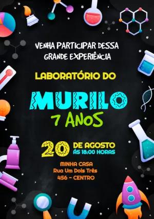 Convite Aniversário Cientista Editável com Tema Laboratório