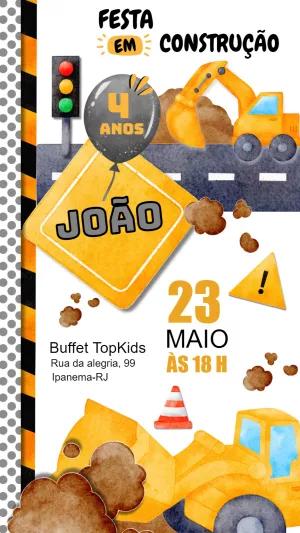 Convite de Aniversário Construção com Trator para Editar Online