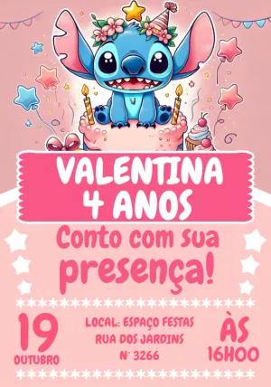 Convite de Aniversário Stitch Rosa para Editar Online