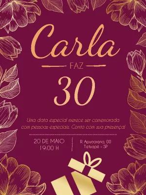 Convite Aniversário Feminino Floral Dourado para Editar Online
