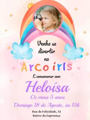 Convite Aniversário Arco-íris Aquarela com Foto para Editar