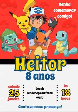 Convite de Aniversário Pokémon com Personagens para Editar