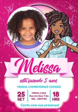 Convite de Aniversário Barbie Negra com Foto para Editar