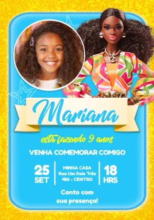 Convite Aniversário Barbie Negra com Foto para Editar Online