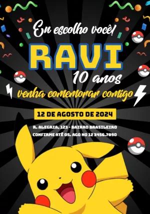 Convite de Aniversário Pokémon Pikachu para Editar Online