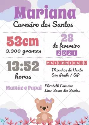 Quadro Nascimento Bebê Ursinha Delicada para Editar Online