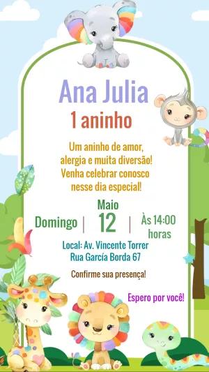 Convite Aniversário Safari Baby com Animais para Editar Online