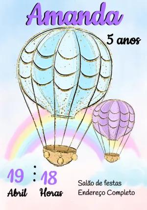 Convite Aniversário Balão Aquarela para Editar Online e Imprimir