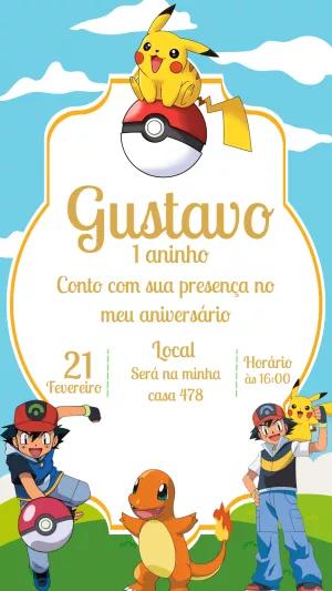Convite de Aniversário Pokémon com Pikachu para Editar Online