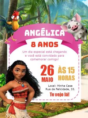 Convite Aniversário Moana com Personagens para Editar Online