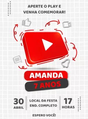 Convite de Aniversário Tema Youtube para Editar Online