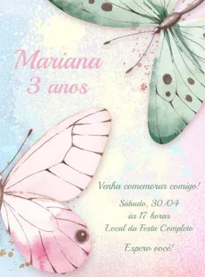 Convite Aniversário Borboletas Aquarela para Editar Online