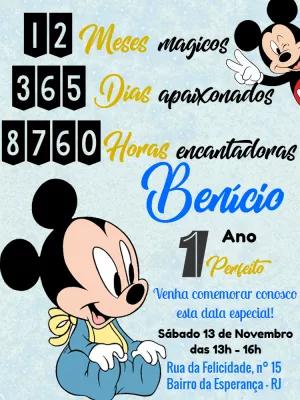 Convite de Aniversário 1 Ano Mickey Baby para Editar Online