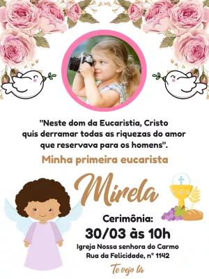 Convite Primeira Eucaristia Floral com Foto para Editar Online