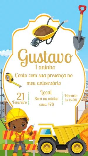 Convite de Aniversário Tema Construção Editável e Online