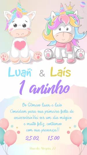 Convite Aniversário Gêmeos Unicórnio para Editar Online