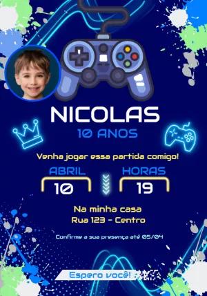 Convite Aniversário Gamer com Foto para Editar Online
