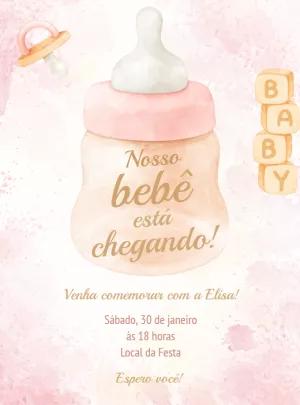 Convite Chá de Bebê Menina Mamadeira Aquarela para Editar Online