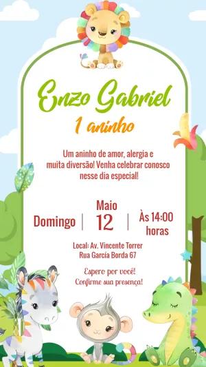 Convite Aniversário Safari Baby com Animais para Editar Online
