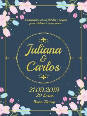 Convite de Casamento Floral Azul e Rosa para Editar Online