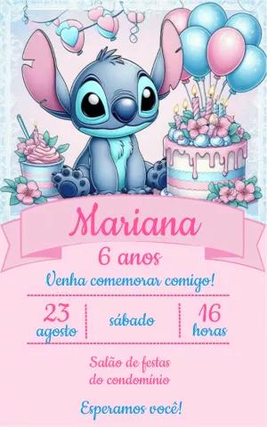 Convite de Aniversário Stitch Rosa para Editar Online