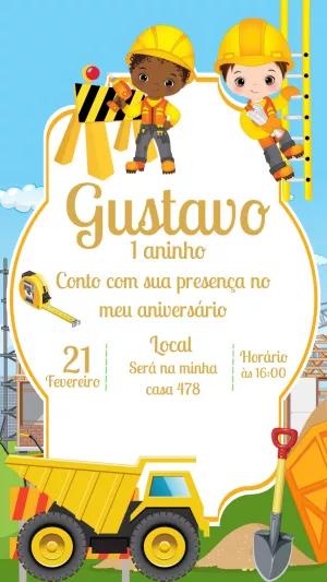 Convite de Aniversário Construção com Meninos para Editar Online