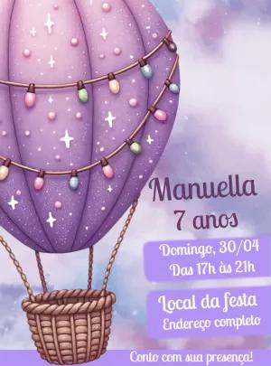 Convite de Aniversário Balão Lilás para Editar Online