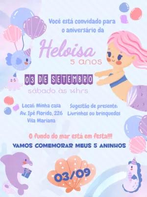 Convite de Aniversário Fundo do Mar com Sereia para Editar