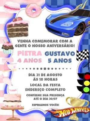 Convite Aniversário Duplo Confeitaria e Carros para Editar