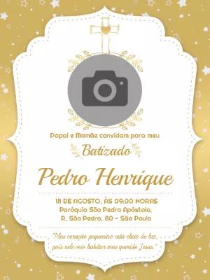 Convite de Batizado Dourado com Foto para Editar Online
