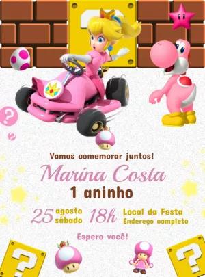 Convite de Aniversário Princesa Peach Mario Kart para Editar Online