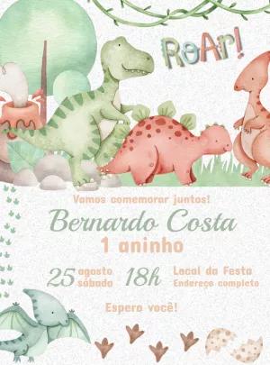 Convite Aniversário Dinossauros Aquarela para Editar Online