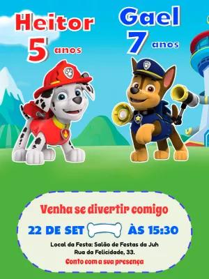 Convite Aniversário Duplo Patrulha Canina para Editar Online