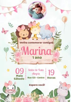 Convite Aniversário Safari Rosa com Foto para Editar Online