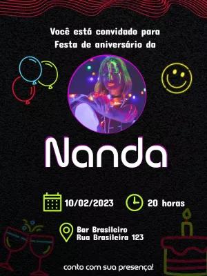 Convite de Aniversário Neon com Foto para Editar Online