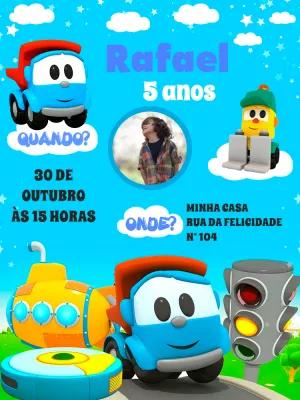 Convite Aniversário Léo o Caminhão com Foto para Editar Online