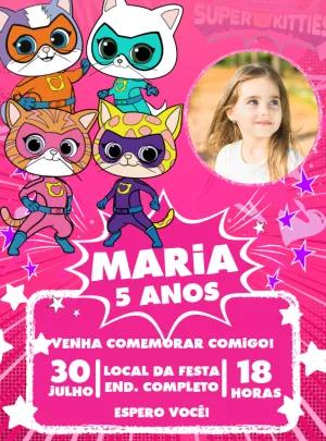 Convite de Aniversário Super Kitties com Foto para Editar Online