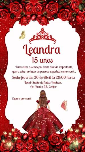Convite 15 Anos Vermelho com Rosas e Glitter para Editar Online