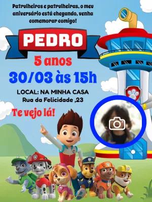 Convite de Aniversário Patrulha Canina com Foto para Editar
