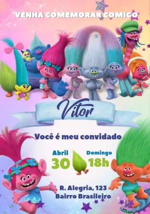 Convite de Aniversário Trolls com Personagens para Editar Online