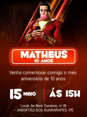 Convite de Aniversário Shazam para Editar e Imprimir