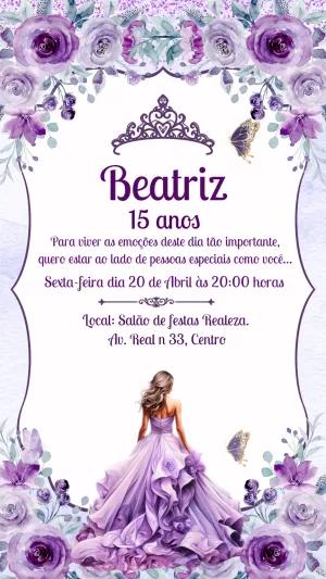 Convite de 15 Anos Lilás com Flores para Editar Online