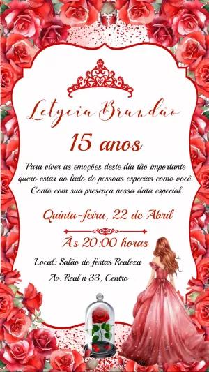 Convite de 15 Anos Princesa com Rosas Vermelhas para Editar
