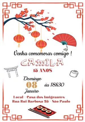 Convite de Aniversário Oriental com Lanternas para Editar Online