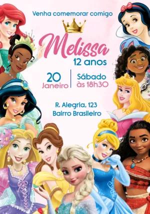 Convite de Aniversário Princesas Disney para Editar Online